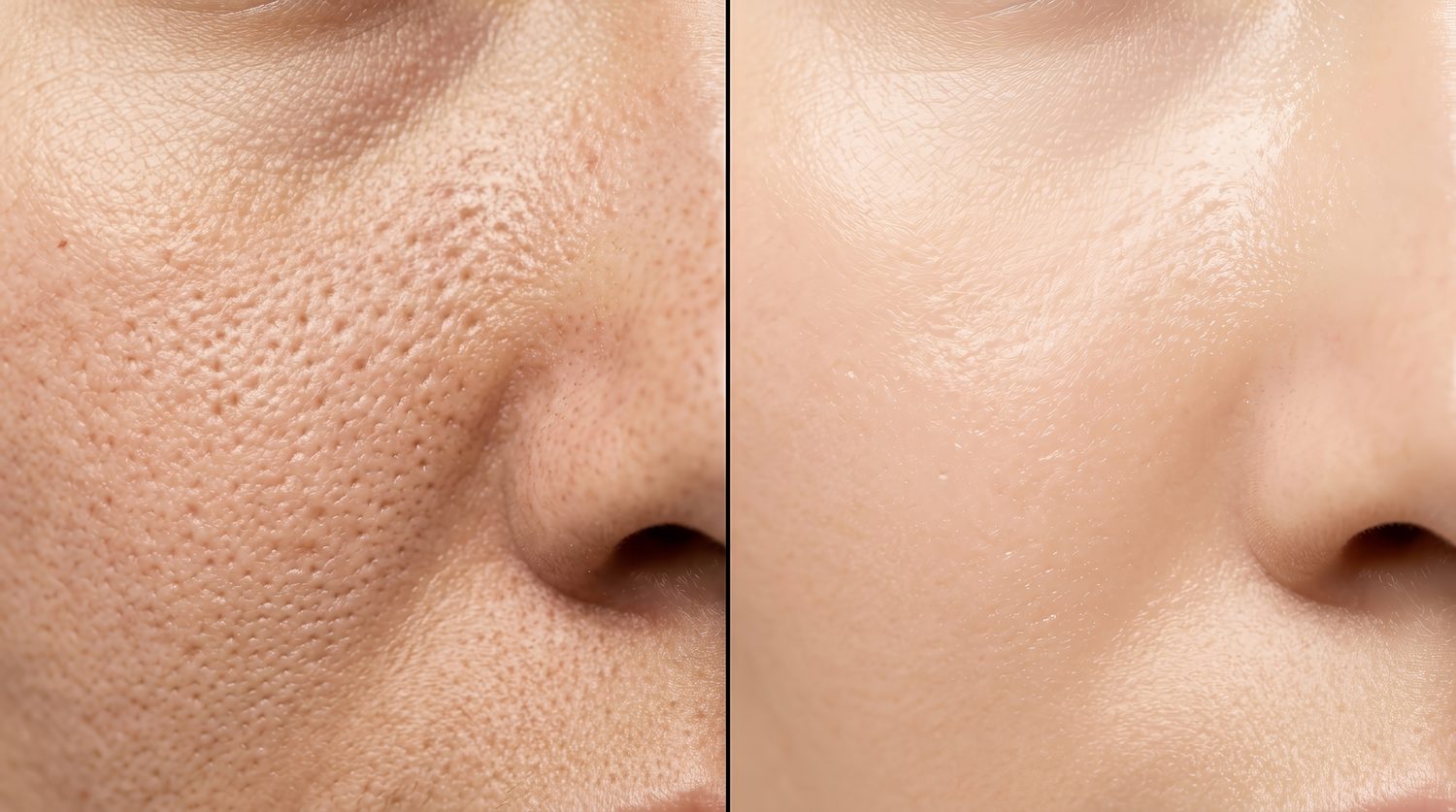Close-up comparison of enlarged pores on the cheek and smoother skin texture, a common concern for enlarged pores treatment in Singapore